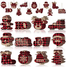 36pc Christmas Buffalo Plaid Wooden Ornaments - Rustic Farmhouse Tree Decor