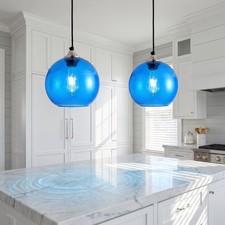 Modern Blue Glass LED Pendant Lights - Set of 2