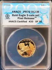 2008 $5.00 GOLD BALD EAGLE PROOF .24183oz AGW  ANACS PR70 DCAM #20 OF 98