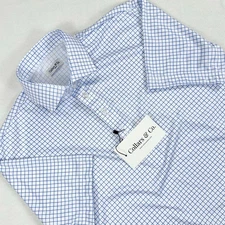 Collars & Co Men's Semi Spread Collar Polo Shirt Small Thin Blue Check 