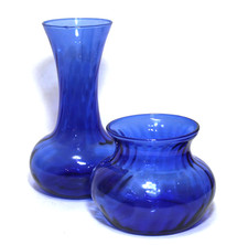 Vintage Cobalt Blue Vases Optic Swirl Illusions Indiana Glass Set 2