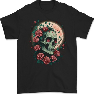 Death at Moon Skull With Roses at Night Gothic Mens T-Shirt 100% Cotton
