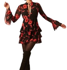 FOREVER 21 Floral Mini Dress Size Small Black/Red Bell Sleeve Keyhole Boho Chic