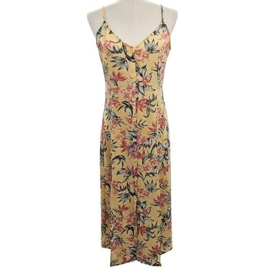 HM Divided Yellow Tropical Floral Button Front Midi Dress Womens Size 8 Slit