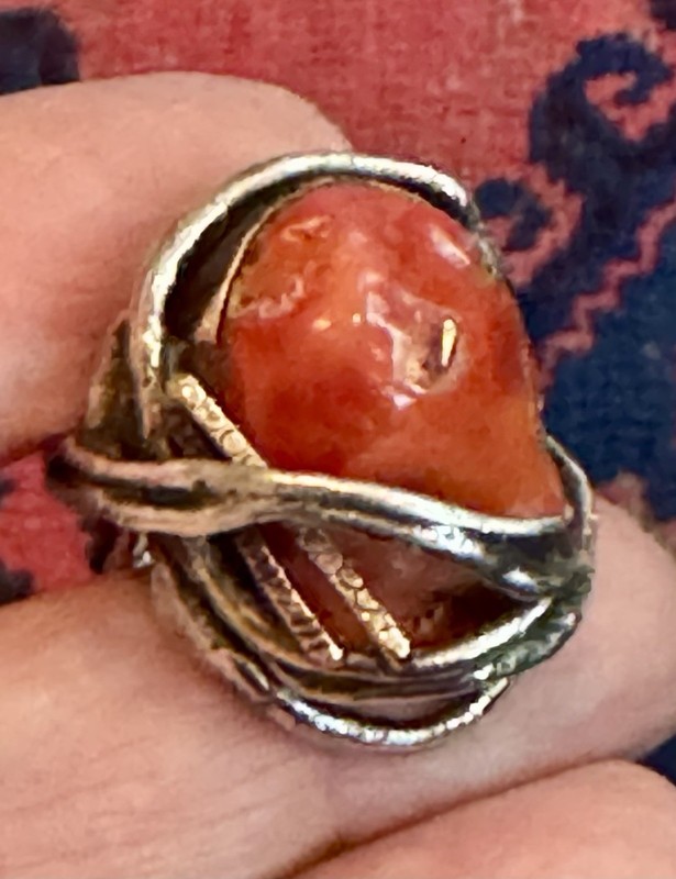 HUGE SANDRA DINI 12K GOLD STERLING SILVER RED CORAL BRUTALIST RING ITALY SIZE 6