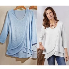 NWT Soft Surroundings Light Blue Remy Slub Jersey Layered Tunic Top Blouse Sz S