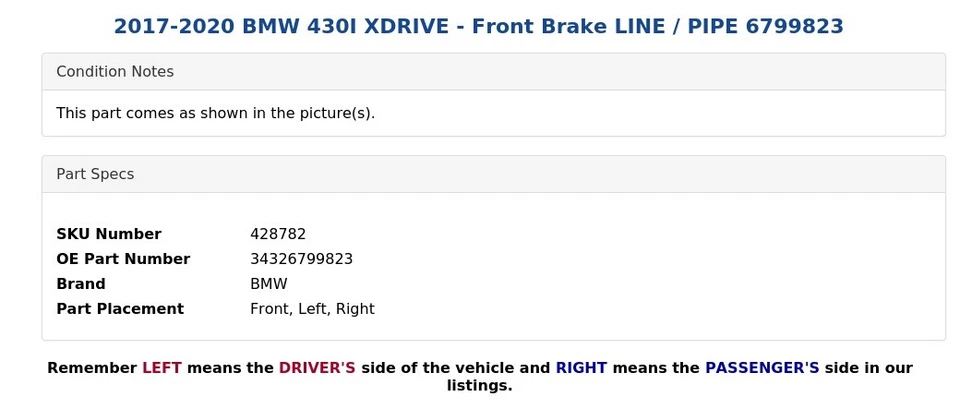 BMW 430I XDRIVE 2017-2020 - línea de freno delantero/tubo 6799823 Foto 3 de 3