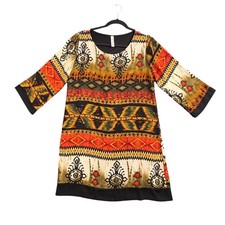 Y2K Boho Tribal Shift Dress Multicolor Indie Festival 3/4 Sleeve M