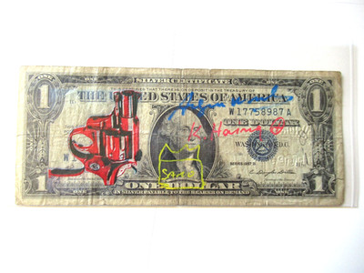 C) A. WARHOL/K. HARING/J. M.BASQUIAT: 1US$ ORIGINAL  4x SIGNIERT, SKIZZIERT