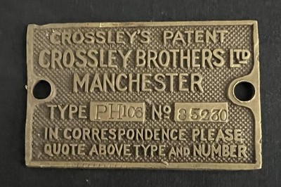 CROSSLEY BROTHERS VINTAGE MOTOR MASCHINENINGENIEURE LIEFERANTEN NAMENSSCHILD ABZEICHEN