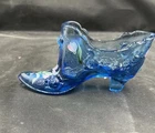 Vintage Fenton Hand Painted Flowers Blue Glass Shoe Slipper Signed M Wagner