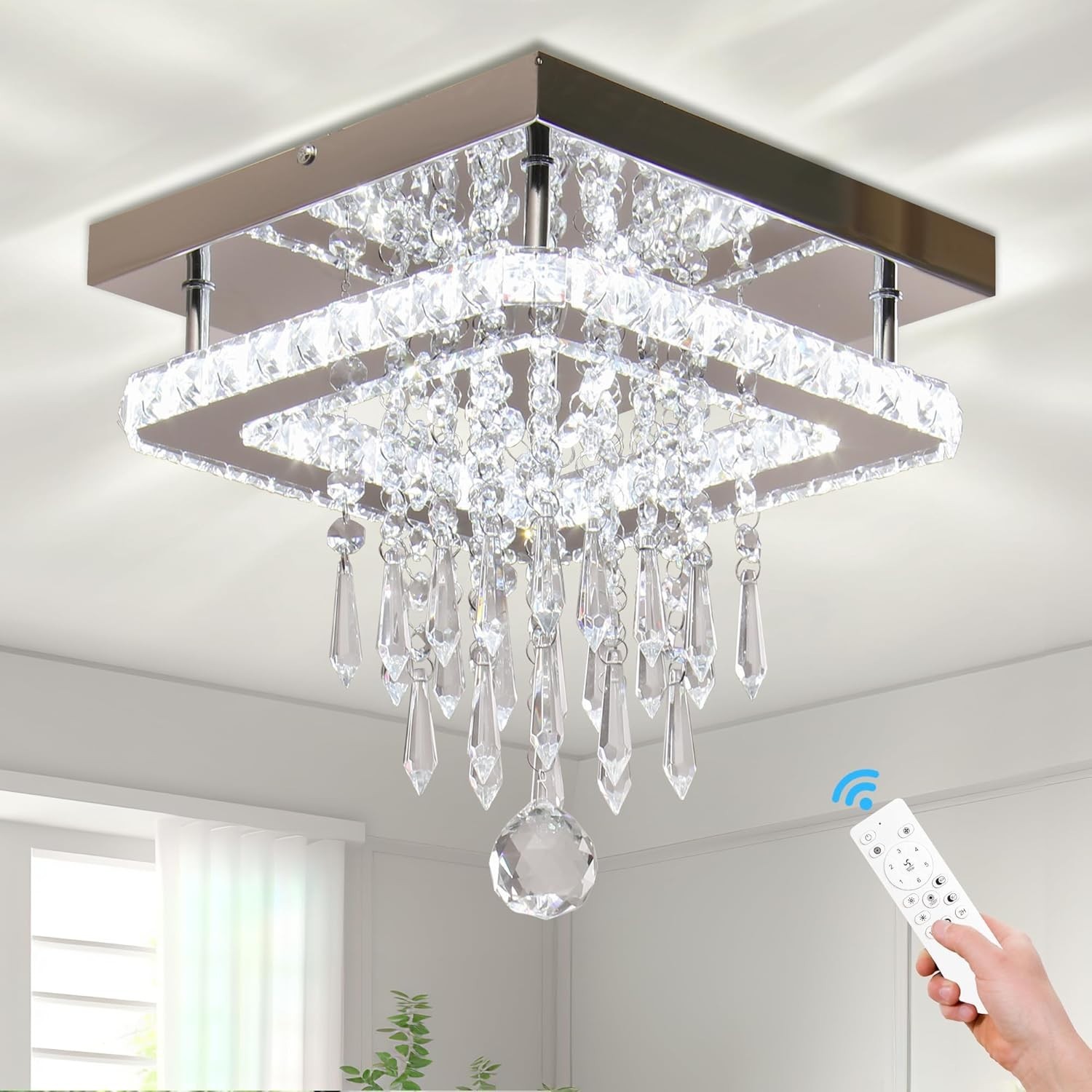 Square Crystal Ceiling Light Modern Crystal Chandeliers with Remote Control L...