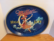 Vintage 1940s Miller High Life Beer Girl On The Moon Oval Bar Tray Milwaukee 