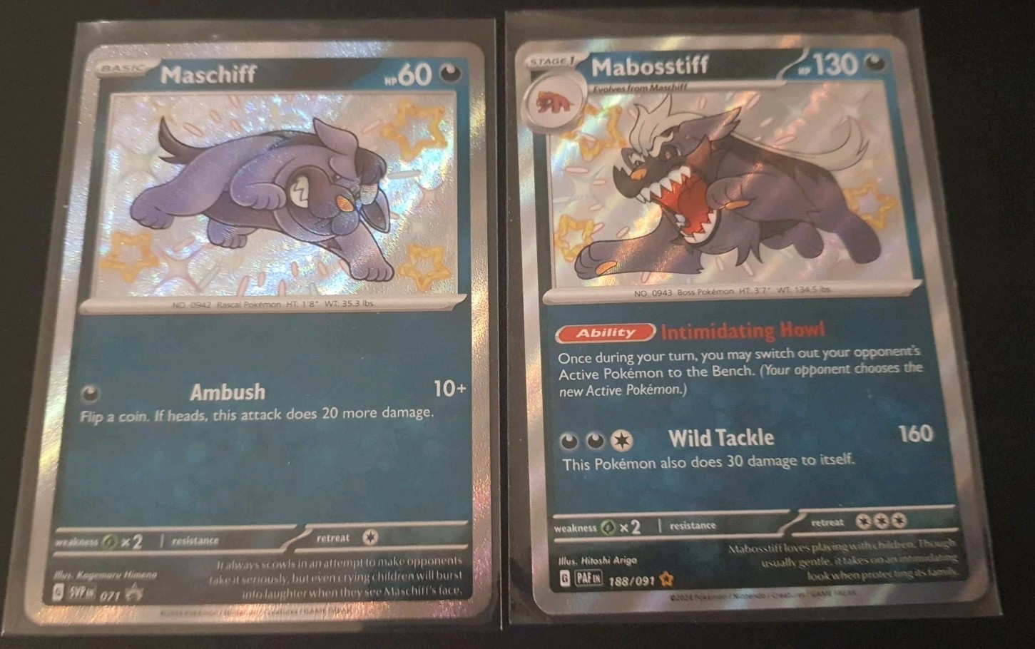 Maschiff 071 & Mabosstiff 188/091 Paldean Fates Shiny Rare Holo NM Pokemon Baby