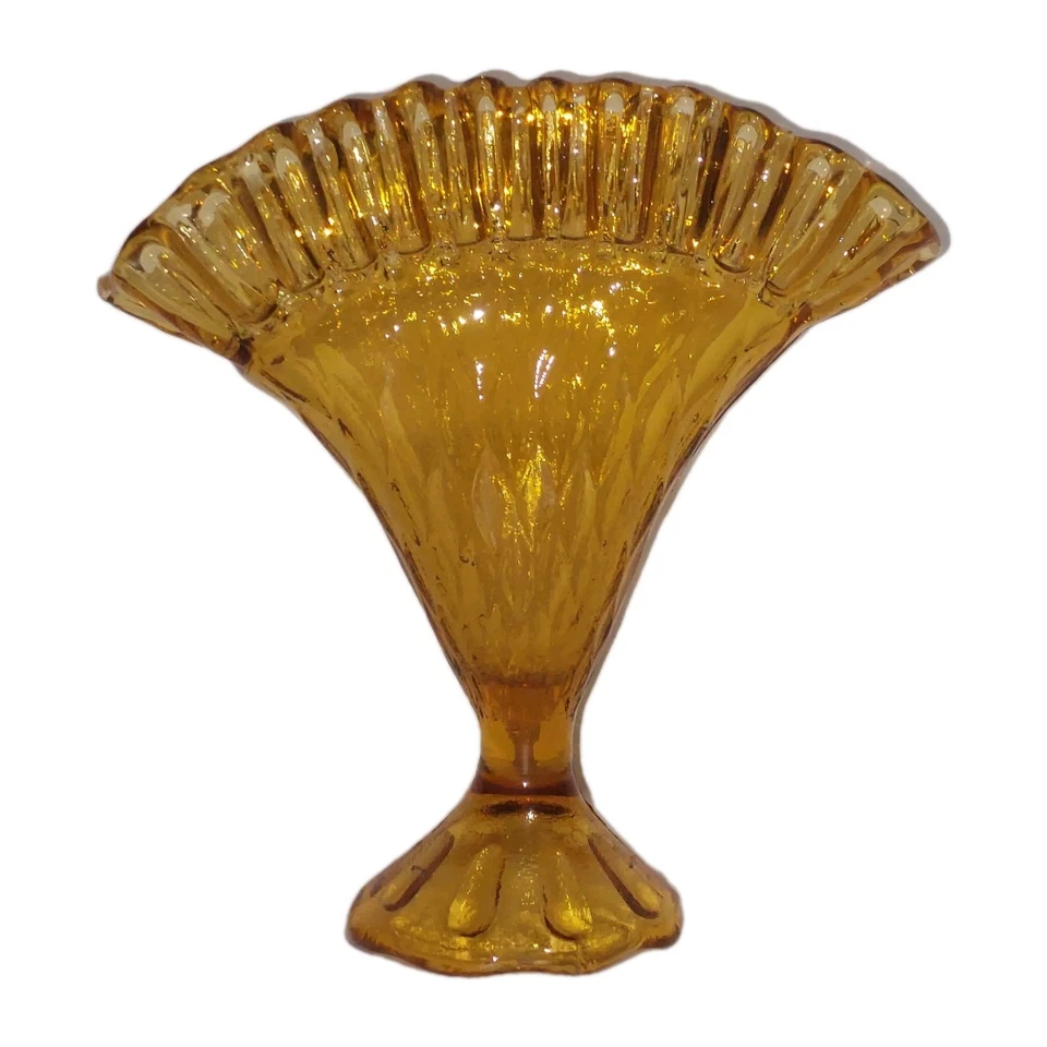 Fenton Pfau Fächer Vase Kunstglas Bernstein golden Rautenmuster Handarbeit Vintage