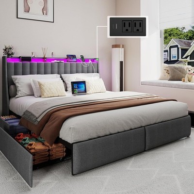 Full Queen Size Bed Frame Upholstered Headboard Platform with Storage 4 Drawers