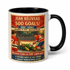 SOUVENIR BLACK MUG NHL HOCKEY JEAN BELIVEAU SCORE 500 GOAL VS GILLES GILBERT 