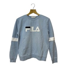 FILA Crewneck Sweatshirt Women  s S Light Blue Big Logo Patch Stripe Sleeve