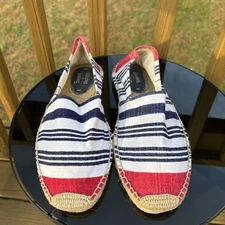 Soludos Lemon  W-9 Shoes  Blue Red Striped Ivory Canvas Slip On Espadrilles