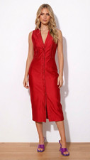 Womens Red Solid Shirt Dress V-Neck Sleeveless Woven Polyester Button Midi M