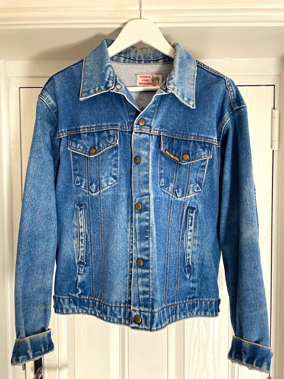Chaqueta Denim Western Saddle King Años 80 De Colección L XL Parche Lentejuelas Cuentas Personalizado Unisex