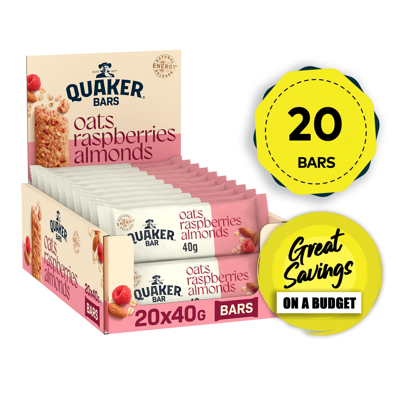 Quaker Breakfast Bar Oat Cereal Bar with Raspberry & Almonds 20 x 40g