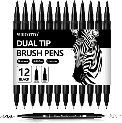 Dual Brush Pen Set 12 Stück Filzstifte Schwarz Dicke Dünne Pinselstifte