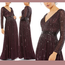 NWT Mac Duggal [ 10 ] 4977 Sequined Illusion Long Sleeve A line Gown Berry S1100