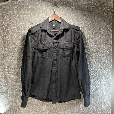 Rock & Republic Shirt Button Up Roll Tab Sleeve Gray Black Small Western Classic