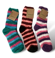 Chirpy Socks New Stripe Cozy Socks Size 4-10 Fuzzy Microfiber Lot of 3 New