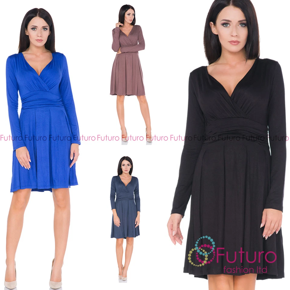 FUTURO FASHION Ladies Classy Elegant Long Sleeve V-Neck Wrap Cocktail Evening Skater Dress FM34
