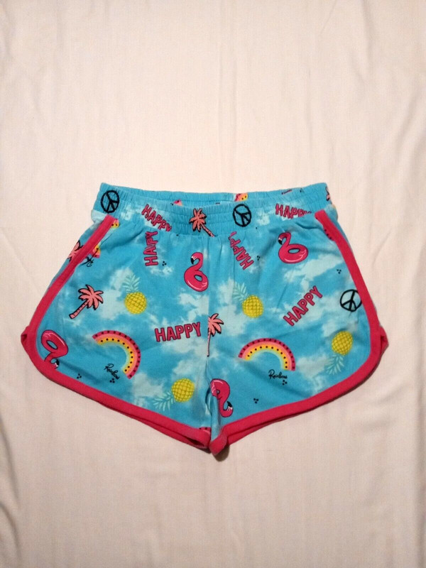 Wonder Nation Shorts Girls Size XL  Color Blue  Flamingos & Rainbows " Happy "