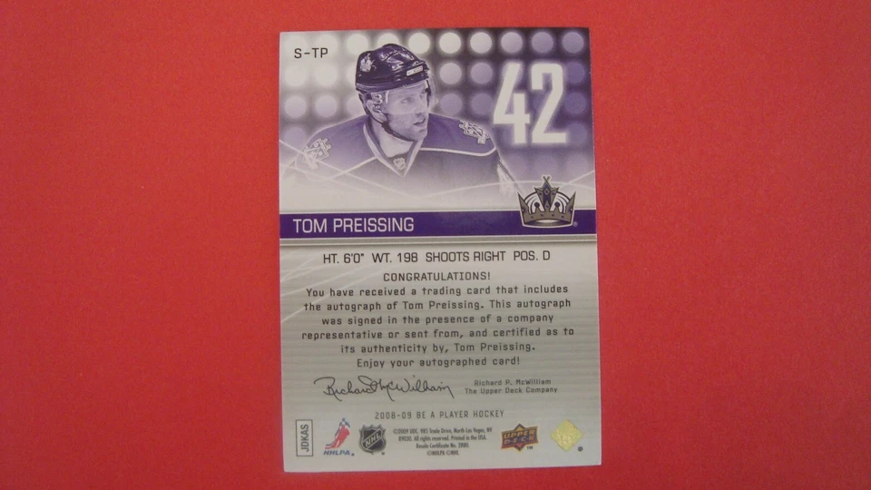 2008 09 UPPER DECK BE A PLAYER S-TP Tom Preissing Autograph Los Angeles Kings - Image 2 of 4