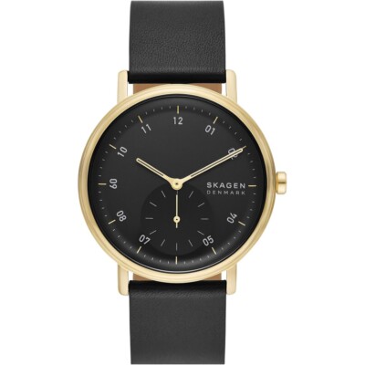 Skagen Kuppel Schwarz Herren Armbanduhr SKW6896 gold Lederband UVP 139,00