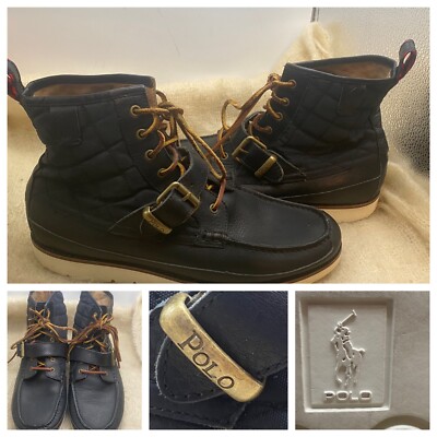 Ralph Lauren Saddle Worth Quilted Mens Black Leather Boots 