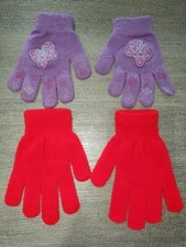 2 pair GIRLS STRETCHY WINTER GLOVES 1 solid red 1 purple butterflies ONE SIZE