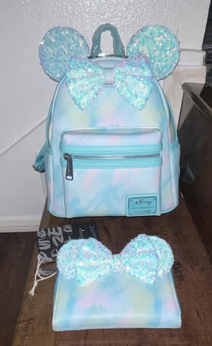 NWT Loungefly Disney Minnie Mouse Sequin Bow Mini Backpack & Wallet