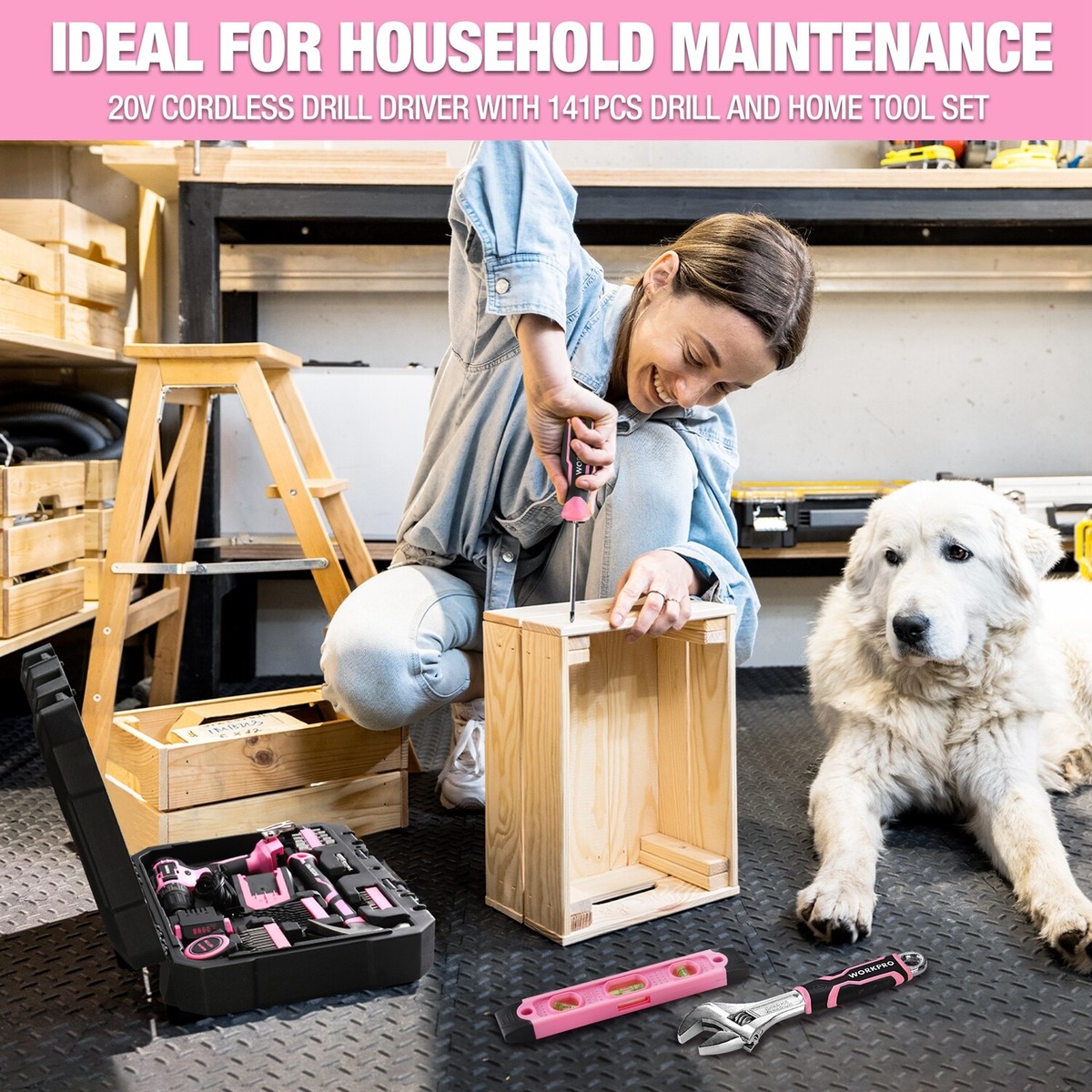 20V Pink Cordless Drill Driver &Home Tool Set 141PCS Hand Tool Kit