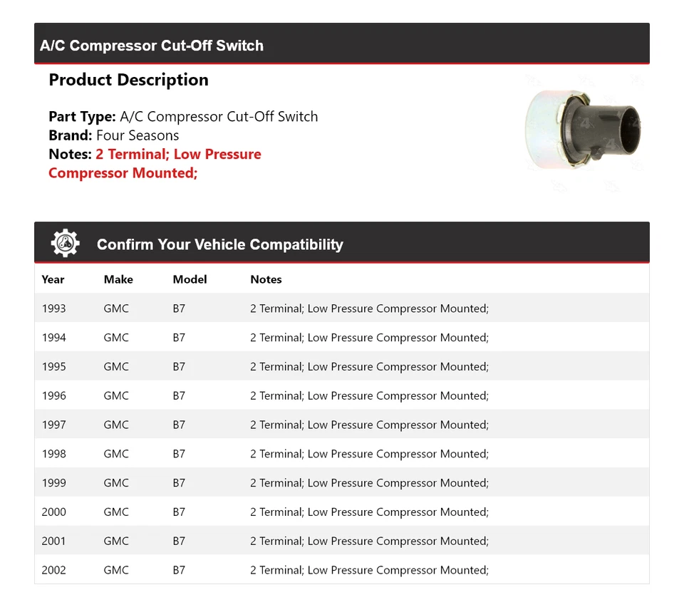Interruptor de corte de compresor de aire acondicionado GMC B7 1993-2002 4 estaciones 1994 1995 1996 1997 Foto 2 de 4