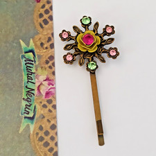 Michal Negrin Hairpin 3D Rose Flower With Swarovski Crystals Colorful Barrett