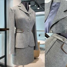 Herringbone Women's Suit Wrap Buttock Skirt Notch Lapel Business Casual 2 Pcs