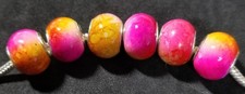 Set of 6 Pink Yellow Marble Look European Murano Lampwork European Glass Beads