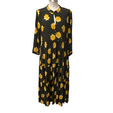 Madewell Button Front Tiered Dress Womens Medium Yellow Floral 3/4 Sleeve Boho