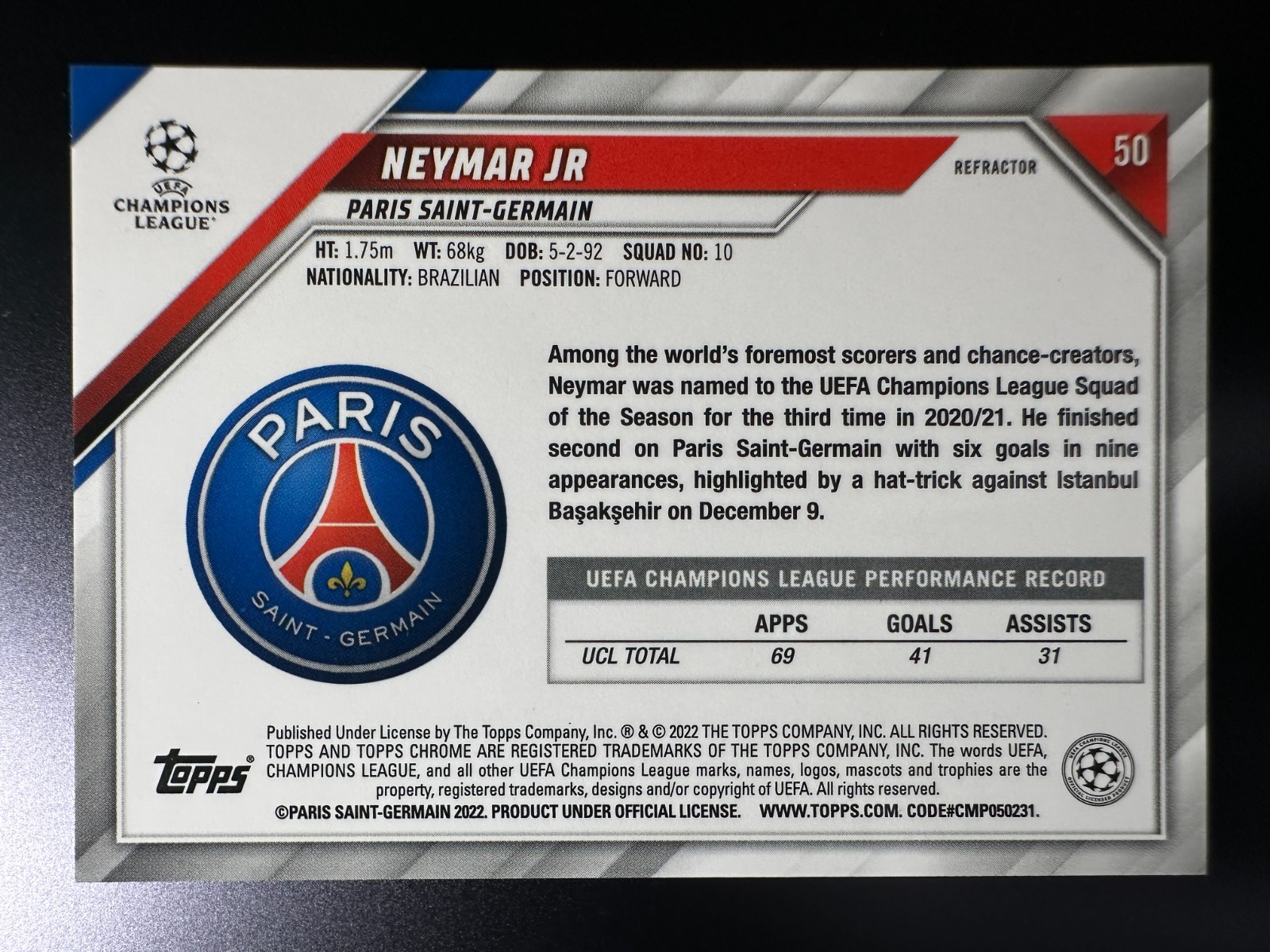 2021-22 Topps Chrome UCC Soccer Refractor - Neymar Jr. view 2