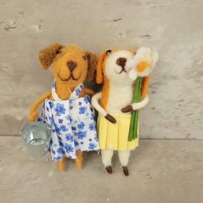 Handmade Felted Dog Dolls Pair Floral Dress Skirt Spring Decor Cute Animal