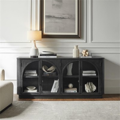 Modern Contemporary Wood 70'' Console with glass doors Fully Assembled Black