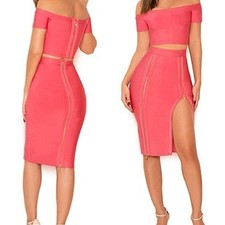HOUSE OF CB Amora Coral Pink Zipper Detail Y2K Bodycon Pencil Bandage Skirt XS