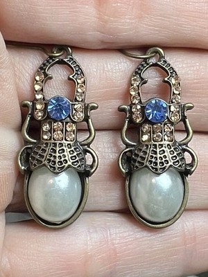 Vintage Blue Crystal Rhinestone Faux Pearl Statement Scarab Beetle Earrings