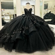 Black Quinceanera Dresses Ball Gown Sleeveless Appliques Ruched Bow Sweet 16
