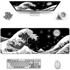 Gaming Mouse Pad Japanese Black and White Sea Wave Large XXL Mouse Pad Extended